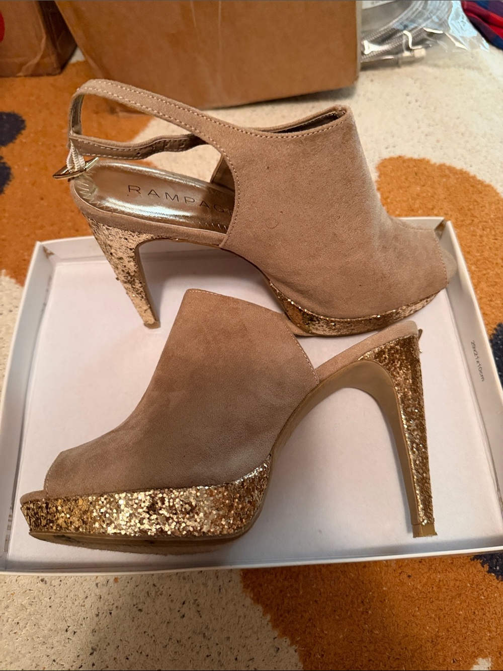 Rampage Taupe Suede Slingback Heels with Gold Glitter Platform
